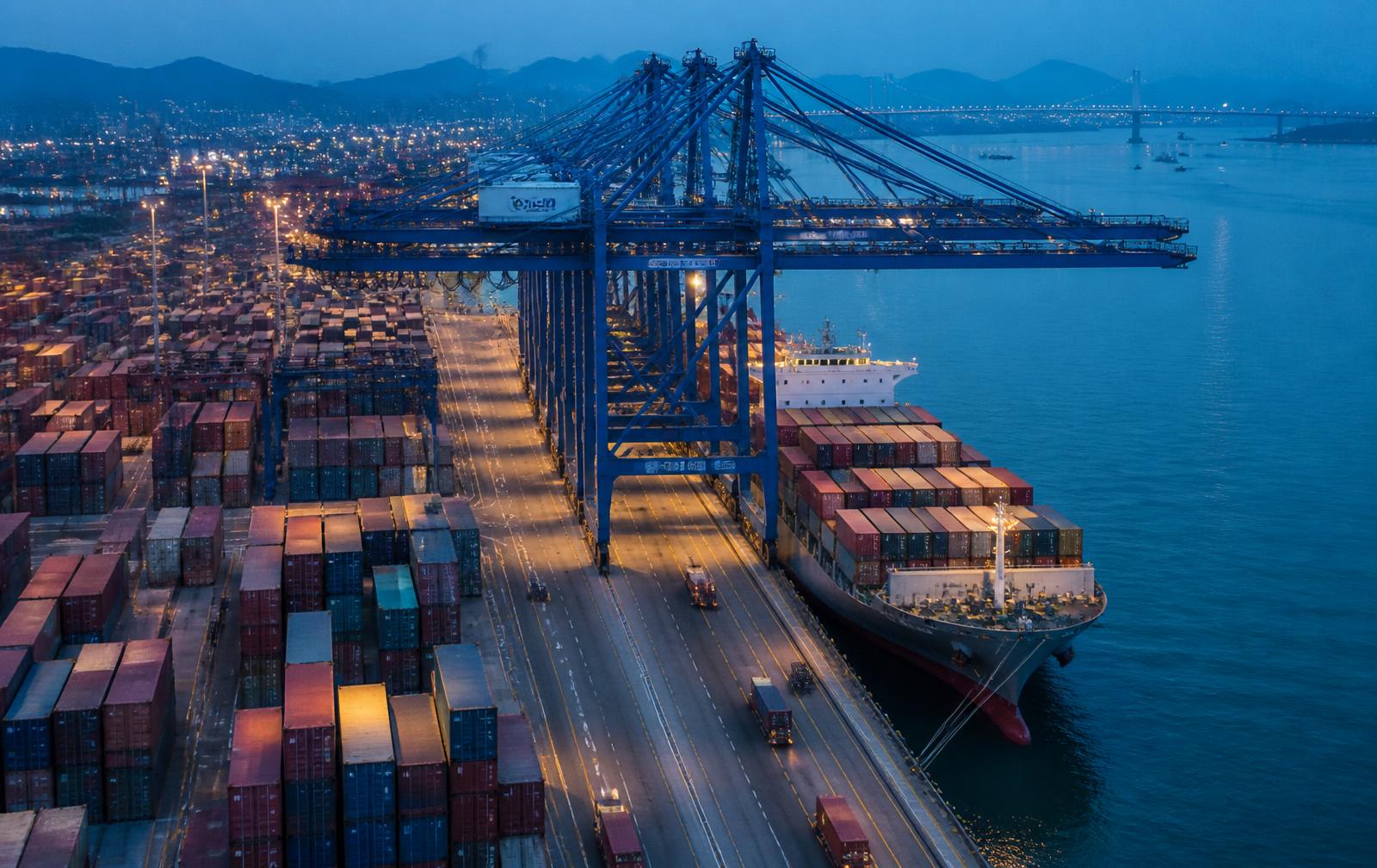Container terminal with gantry cranes at blue hour